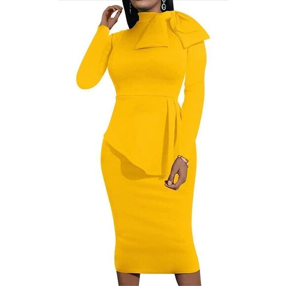 NEW Bodycon Peplum Cocktail Dress M Yellow - Picture 2 of 5